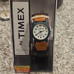 Timex Expedition Women's Watch — White Dial with Brown Leather and Green Strap
